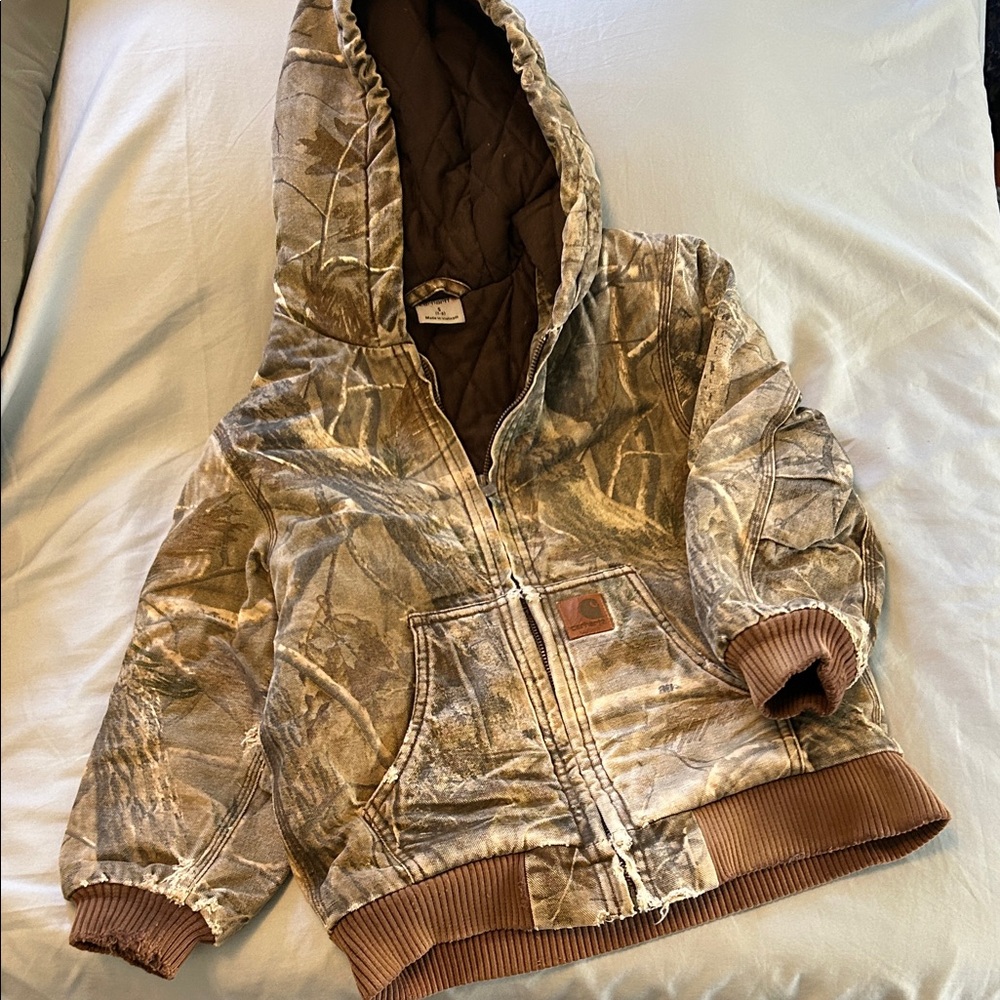 Carhartt Camouflage Hooded Jacket with Brown Trim Kids Youth Sz S (7-8) Vintage
